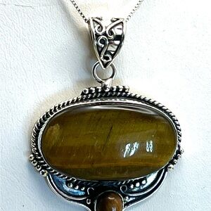 Elegant Sterling Silver and Brown Tiger Eye Pendant Necklace